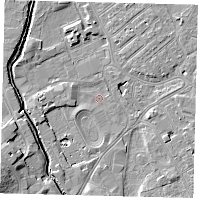 Shaded relief map of the ground around SW170JF, computed from Environment Agency LiDAR. The ground here sits at about 9 m above sea level and falls 11 m across the surrounding 800 m. Surface water reaching this point runs off ground lying to the east, 4.2 m higher.