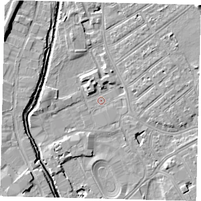 Shaded relief map of the ground around SW170JH, computed from Environment Agency LiDAR. The ground here sits at about 9 m above sea level and falls 10 m across the surrounding 800 m. Surface water reaching this point runs off ground lying to the north-east, 4.5 m higher.