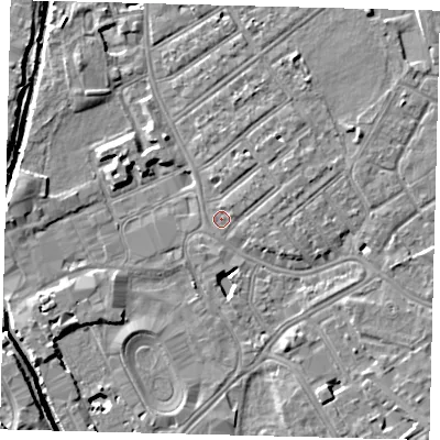 Shaded relief map of the ground around SW170JL, computed from Environment Agency LiDAR. The ground here sits at about 10 m above sea level and falls 10 m across the surrounding 800 m. Surface water reaching this point runs off ground lying to the north-east, 2.0 m higher.