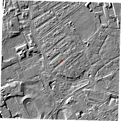 Shaded relief map of the ground around SW170JN, computed from Environment Agency LiDAR. The ground here sits at about 11 m above sea level and falls 9 m across the surrounding 800 m. Surface water reaching this point runs off ground lying to the east, 0.8 m higher.