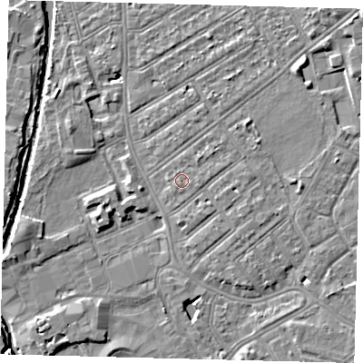 Shaded relief map of the ground around SW170JP, computed from Environment Agency LiDAR. The ground here sits at about 11 m above sea level and falls 9 m across the surrounding 800 m. Surface water reaching this point runs off ground lying to the north-east, 0.9 m higher.