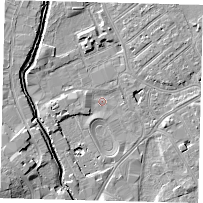 Shaded relief map of the ground around SW170JQ, computed from Environment Agency LiDAR. The ground here sits at about 9 m above sea level and falls 11 m across the surrounding 800 m. Surface water reaching this point runs off ground lying to the north-east, 3.8 m higher.