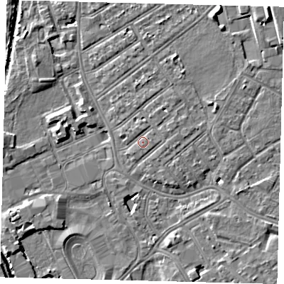 Shaded relief map of the ground around SW170JT, computed from Environment Agency LiDAR. The ground here sits at about 11 m above sea level and falls 10 m across the surrounding 800 m. Surface water reaching this point runs off ground lying to the east, 1.0 m higher.
