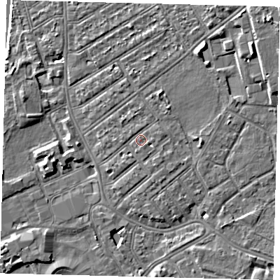 Shaded relief map of the ground around SW170JU, computed from Environment Agency LiDAR. The ground here sits at about 11 m above sea level and falls 11 m across the surrounding 800 m. Surface water reaching this point runs off ground lying to the east-south-east, 1.3 m higher.