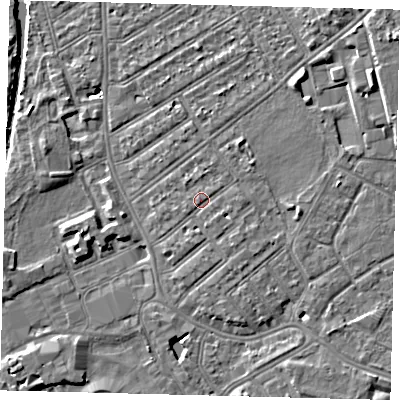 Shaded relief map of the ground around SW170JX, computed from Environment Agency LiDAR. The ground here sits at about 11 m above sea level and falls 10 m across the surrounding 800 m. Surface water reaching this point runs off ground lying to the south-south-east, 0.7 m higher.