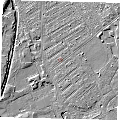 Shaded relief map of the ground around SW170JY, computed from Environment Agency LiDAR. The ground here sits at about 11 m above sea level and falls 10 m across the surrounding 800 m. Surface water reaching this point runs off ground lying to the east-south-east, 0.9 m higher.