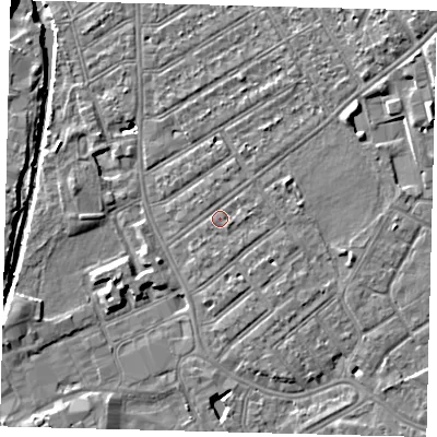 Shaded relief map of the ground around SW170JZ, computed from Environment Agency LiDAR. The ground here sits at about 11 m above sea level and falls 10 m across the surrounding 800 m. Surface water reaching this point runs off ground lying to the east, 0.9 m higher.