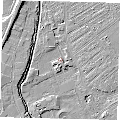 Shaded relief map of the ground around SW170LA, computed from Environment Agency LiDAR. The ground here sits at about 10 m above sea level and falls 9 m across the surrounding 800 m. Surface water reaching this point runs off ground lying to the south-south-west, 2.5 m higher.