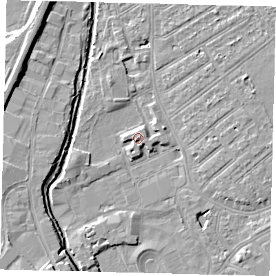 Shaded relief map of the ground around SW170LB, computed from Environment Agency LiDAR. The ground here sits at about 11 m above sea level and falls 9 m across the surrounding 800 m. Surface water reaching this point runs off ground lying to the south-west, 2.1 m higher.