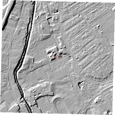 Shaded relief map of the ground around SW170LD, computed from Environment Agency LiDAR. The ground here sits at about 9 m above sea level and falls 9 m across the surrounding 800 m. Surface water reaching this point runs off ground lying to the north-east, 4.7 m higher.