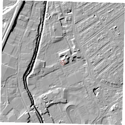 Shaded relief map of the ground around SW170LE, computed from Environment Agency LiDAR. The ground here sits at about 10 m above sea level and falls 9 m across the surrounding 800 m. Surface water reaching this point runs off ground lying to the east-north-east, 3.3 m higher.