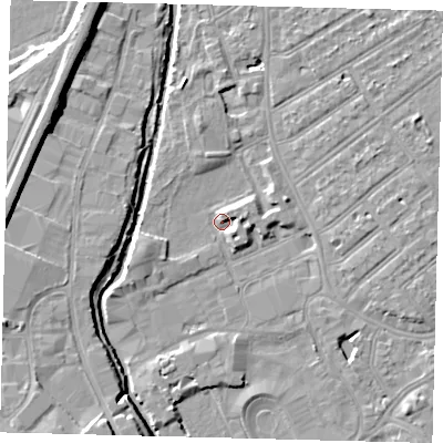 Shaded relief map of the ground around SW170LF, computed from Environment Agency LiDAR. The ground here sits at about 10 m above sea level and falls 9 m across the surrounding 800 m. Surface water reaching this point runs off ground lying to the east-north-east, 3.3 m higher.