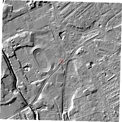 Shaded relief map of the ground around SW170LG, computed from Environment Agency LiDAR. The ground here sits at about 9 m above sea level and falls 9 m across the surrounding 800 m. Surface water reaching this point runs off ground lying to the east-south-east, 5.0 m higher.