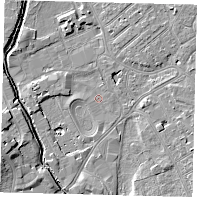 Shaded relief map of the ground around SW170LQ, computed from Environment Agency LiDAR. The ground here sits at about 9 m above sea level and falls 11 m across the surrounding 800 m. Surface water reaching this point runs off ground lying to the west, 1.4 m higher.