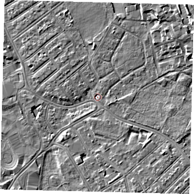 Shaded relief map of the ground around SW170LX, computed from Environment Agency LiDAR. The ground here sits at about 10 m above sea level and falls 11 m across the surrounding 800 m. Surface water reaching this point runs off ground lying to the north-east, 9.3 m higher.