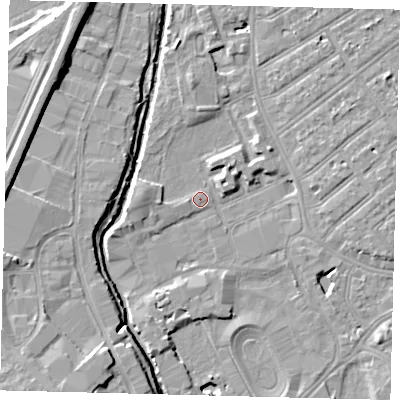 Shaded relief map of the ground around SW170NL, computed from Environment Agency LiDAR. The ground here sits at about 9 m above sea level and falls 10 m across the surrounding 800 m. Surface water reaching this point runs off ground lying to the east-north-east, 3.0 m higher.