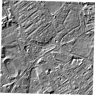 Shaded relief map of the ground around SW170NN, computed from Environment Agency LiDAR. The ground here sits at about 10 m above sea level and falls 9 m across the surrounding 800 m. Surface water reaching this point runs off ground lying to the north-east, 6.3 m higher.