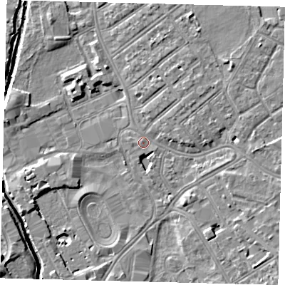 Shaded relief map of the ground around SW170NP, computed from Environment Agency LiDAR. The ground here sits at about 10 m above sea level and falls 10 m across the surrounding 800 m. Surface water reaching this point runs off ground lying to the east-south-east, 2.7 m higher.