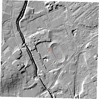 Shaded relief map of the ground around SW170NR, computed from Environment Agency LiDAR. The ground here sits at about 9 m above sea level and falls 12 m across the surrounding 800 m. Surface water reaching this point runs off ground lying to the south, 5.0 m higher.