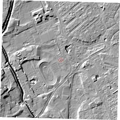 Shaded relief map of the ground around SW170NS, computed from Environment Agency LiDAR. The ground here sits at about 9 m above sea level and falls 11 m across the surrounding 800 m. Surface water reaching this point runs off ground lying to the west, 1.4 m higher.