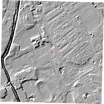 Shaded relief map of the ground around SW170NT, computed from Environment Agency LiDAR. The ground here sits at about 9 m above sea level and falls 10 m across the surrounding 800 m. Surface water reaching this point runs off ground lying to the east, 0.8 m higher.