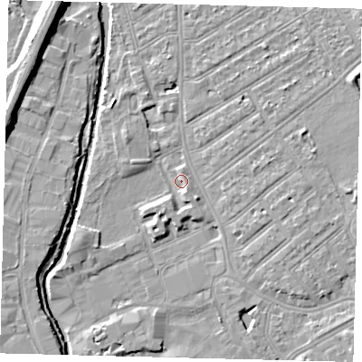 Shaded relief map of the ground around SW170NU, computed from Environment Agency LiDAR. The ground here sits at about 10 m above sea level and falls 9 m across the surrounding 800 m. Surface water reaching this point runs off ground lying to the north-east, 5.2 m higher.