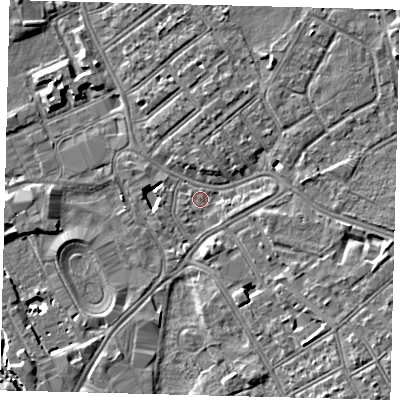 Shaded relief map of the ground around SW170NW, computed from Environment Agency LiDAR. The ground here sits at about 10 m above sea level and falls 8 m across the surrounding 800 m. Surface water reaching this point runs off ground lying to the south-east, 4.0 m higher.