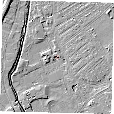 Shaded relief map of the ground around SW170NX, computed from Environment Agency LiDAR. The ground here sits at about 10 m above sea level and falls 9 m across the surrounding 800 m. Surface water reaching this point runs off ground lying to the north-west, 1.8 m higher.