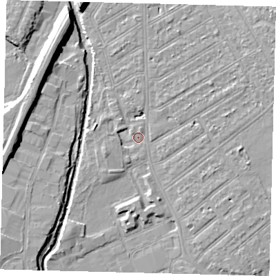 Shaded relief map of the ground around SW170NY, computed from Environment Agency LiDAR. The ground here sits at about 10 m above sea level and falls 10 m across the surrounding 800 m. Surface water reaching this point runs off ground lying to the north-west, 2.3 m higher.