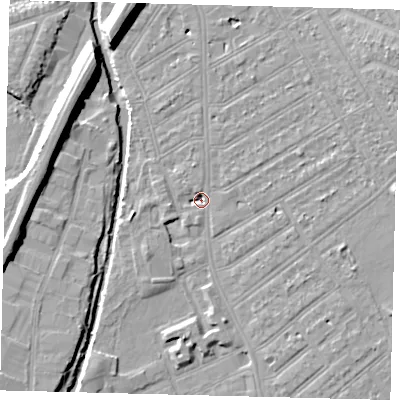 Shaded relief map of the ground around SW170NZ, computed from Environment Agency LiDAR. The ground here sits at about 8 m above sea level and falls 10 m across the surrounding 800 m. Surface water reaching this point runs off ground lying to the east-north-east, 2.8 m higher.
