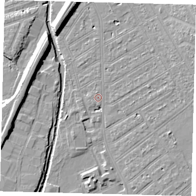 Shaded relief map of the ground around SW170PA, computed from Environment Agency LiDAR. The ground here sits at about 10 m above sea level and falls 10 m across the surrounding 800 m. The ground contributing surface water to this point lies to the south.