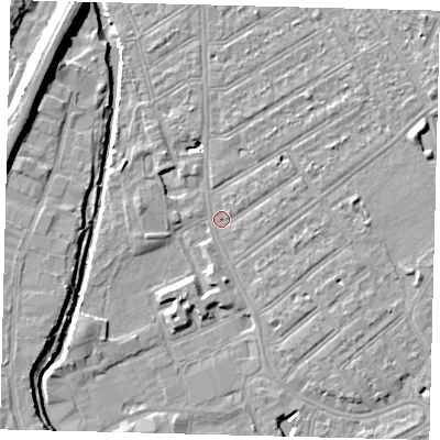 Shaded relief map of the ground around SW170PB, computed from Environment Agency LiDAR. The ground here sits at about 10 m above sea level and falls 10 m across the surrounding 800 m. Surface water reaching this point runs off ground lying to the north-east, 4.7 m higher.