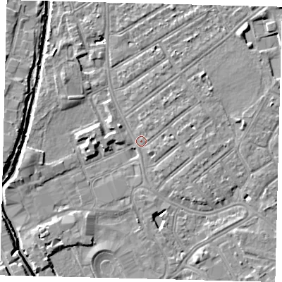 Shaded relief map of the ground around SW170PD, computed from Environment Agency LiDAR. The ground here sits at about 10 m above sea level and falls 9 m across the surrounding 800 m. Surface water reaching this point runs off ground lying to the east, 1.8 m higher.