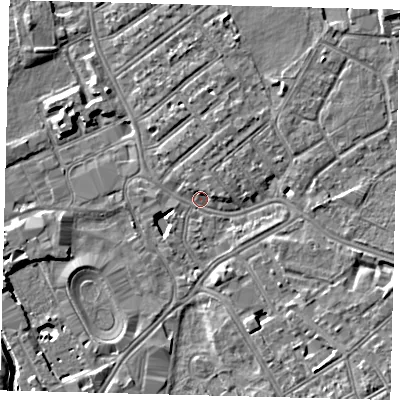Shaded relief map of the ground around SW170PF, computed from Environment Agency LiDAR. The ground here sits at about 10 m above sea level and falls 9 m across the surrounding 800 m. Surface water reaching this point runs off ground lying to the north-east, 5.0 m higher.