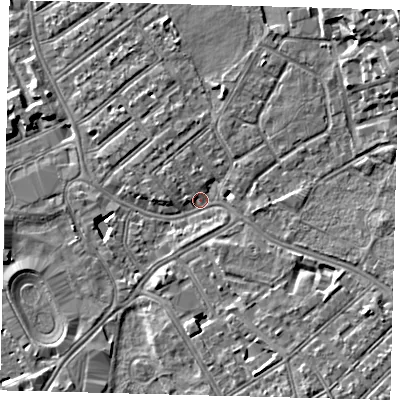 Shaded relief map of the ground around SW170PG, computed from Environment Agency LiDAR. The ground here sits at about 11 m above sea level and falls 10 m across the surrounding 800 m. Surface water reaching this point runs off ground lying to the north-east, 8.0 m higher.