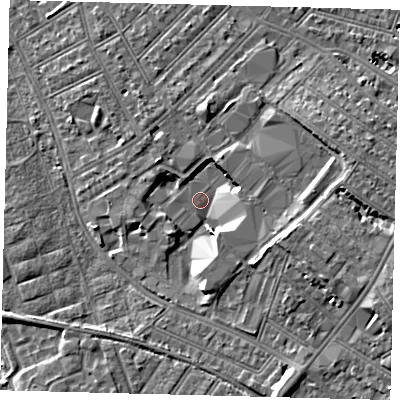 Shaded relief map of the ground around SW170QT, computed from Environment Agency LiDAR. The ground here sits at about 12 m above sea level and falls 10 m across the surrounding 800 m. Surface water reaching this point runs off ground lying to the south-west, 2.9 m higher.