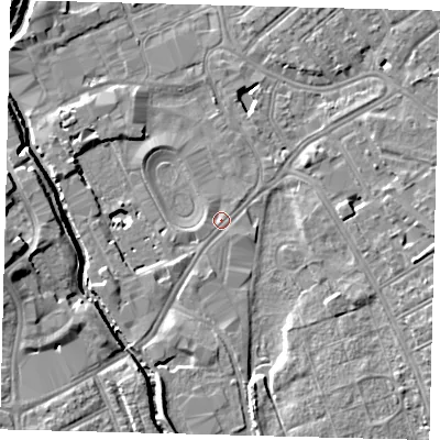 Shaded relief map of the ground around SW170QU, computed from Environment Agency LiDAR. The ground here sits at about 9 m above sea level and falls 10 m across the surrounding 800 m. Surface water reaching this point runs off ground lying to the south-south-west, 2.7 m higher.