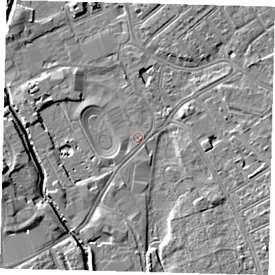 Shaded relief map of the ground around SW170RD, computed from Environment Agency LiDAR. The ground here sits at about 9 m above sea level and falls 10 m across the surrounding 800 m. Surface water reaching this point runs off ground lying to the east-south-east, 4.7 m higher.