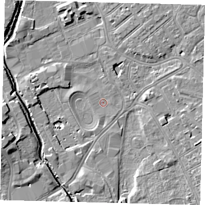 Shaded relief map of the ground around SW170RW, computed from Environment Agency LiDAR. The ground here sits at about 9 m above sea level and falls 11 m across the surrounding 800 m. Surface water reaching this point runs off ground lying to the west-north-west, 1.4 m higher.