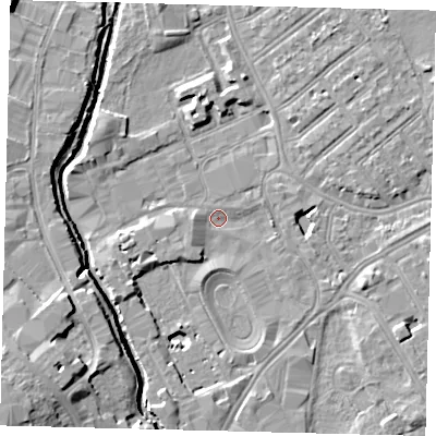 Shaded relief map of the ground around SW170SJ, computed from Environment Agency LiDAR. The ground here sits at about 9 m above sea level and falls 11 m across the surrounding 800 m. Surface water reaching this point runs off ground lying to the east-north-east, 5.1 m higher.