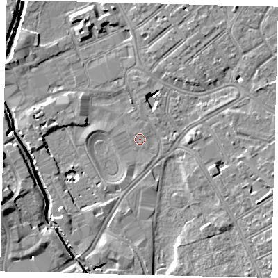 Shaded relief map of the ground around SW170SW, computed from Environment Agency LiDAR. The ground here sits at about 9 m above sea level and falls 10 m across the surrounding 800 m. Surface water reaching this point runs off ground lying to the west, 1.4 m higher.