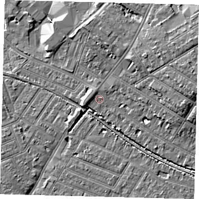 Shaded relief map of the ground around SW170TD, computed from Environment Agency LiDAR. The ground here sits at about 15 m above sea level and falls 12 m across the surrounding 800 m. Surface water reaching this point runs off ground lying to the west-south-west, 3.6 m higher.