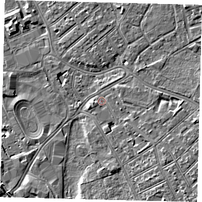 Shaded relief map of the ground around SW170UF, computed from Environment Agency LiDAR. The ground here sits at about 11 m above sea level and falls 8 m across the surrounding 800 m. Surface water reaching this point runs off ground lying to the east-south-east, 2.7 m higher.