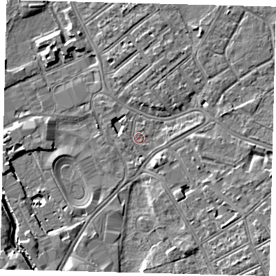 Shaded relief map of the ground around SW170UH, computed from Environment Agency LiDAR. The ground here sits at about 10 m above sea level and falls 7 m across the surrounding 800 m. Surface water reaching this point runs off ground lying to the east, 1.4 m higher.