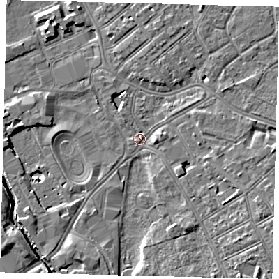 Shaded relief map of the ground around SW170UJ, computed from Environment Agency LiDAR. The ground here sits at about 9 m above sea level and falls 8 m across the surrounding 800 m. Surface water reaching this point runs off ground lying to the east-south-east, 3.8 m higher.