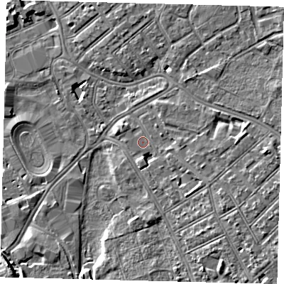 Shaded relief map of the ground around SW170UN, computed from Environment Agency LiDAR. The ground here sits at about 11 m above sea level and falls 7 m across the surrounding 800 m. Surface water reaching this point runs off ground lying to the east-south-east, 2.2 m higher.
