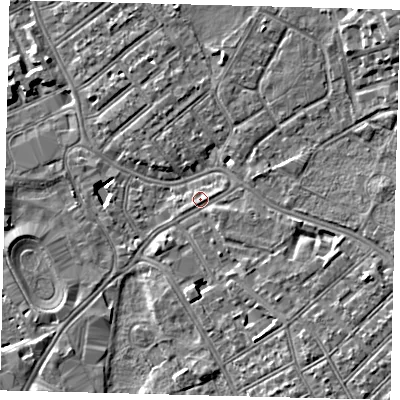 Shaded relief map of the ground around SW170UQ, computed from Environment Agency LiDAR. The ground here sits at about 11 m above sea level and falls 8 m across the surrounding 800 m. Surface water reaching this point runs off ground lying to the east-north-east, 0.6 m higher.