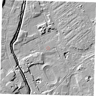 Shaded relief map of the ground around SW170UT, computed from Environment Agency LiDAR. The ground here sits at about 9 m above sea level and falls 11 m across the surrounding 800 m. Surface water reaching this point runs off ground lying to the east-north-east, 0.6 m higher.