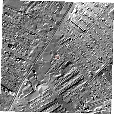 Shaded relief map of the ground around SW170XW, computed from Environment Agency LiDAR. The ground here sits at about 16 m above sea level and falls 24 m across the surrounding 800 m. Surface water reaching this point runs off ground lying to the north, 1.2 m higher.