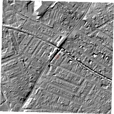 Shaded relief map of the ground around SW179DG, computed from Environment Agency LiDAR. The ground here sits at about 15 m above sea level and falls 12 m across the surrounding 800 m. Surface water reaching this point runs off ground lying to the north-north-west, 6.0 m higher.
